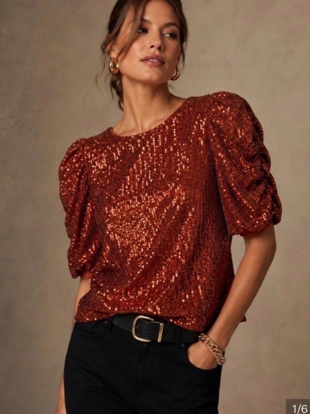 Anthropologie Rust Sequin Puff-Sleeve Tee